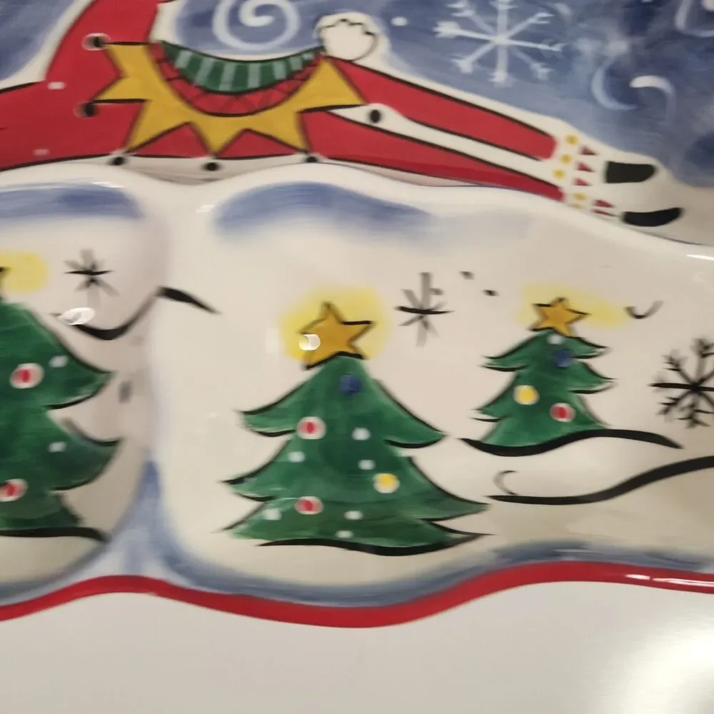 Clay Art Stonelite Christmas Tree Serving Dish Platter Hand Painted 2003 Vintage